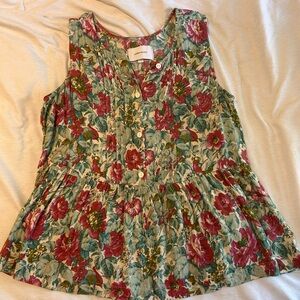 Current/Eliott Floral Button-Front Peplum Tank Top - Green & Red